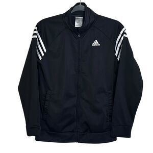 Kids Adidas Black Track Jacket Zip Up White 3 Stripe Size 14-16 Large